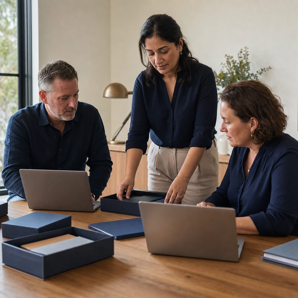 Conceptual editorial scene of a small consulting team managing access to several client workspaces.