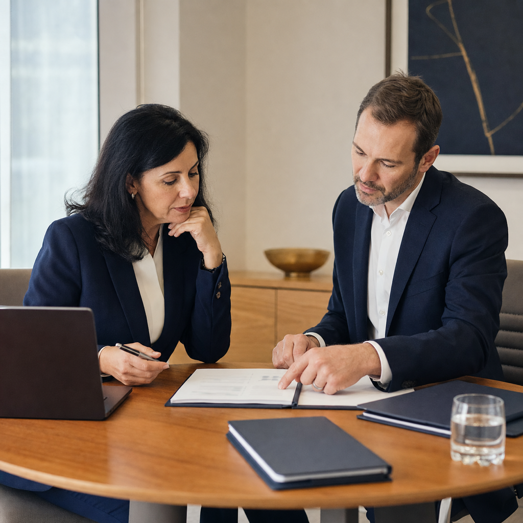 Conceptual editorial scene of a boutique consultancy handling sensitive client strategy and deal information.