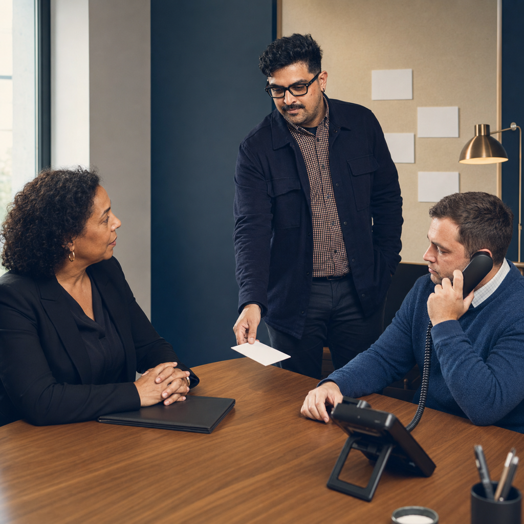Conceptual editorial scene of a law-firm team rehearsing its response to payment fraud.
