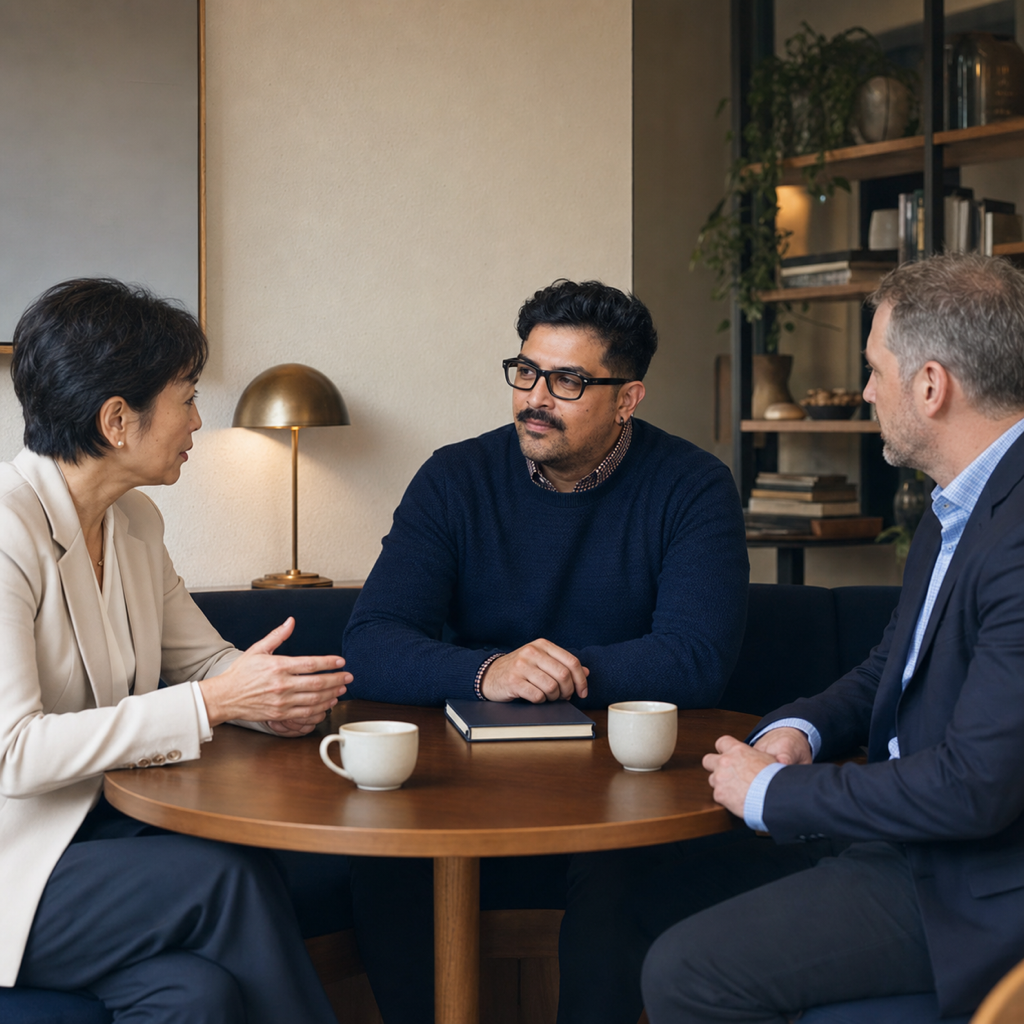Conceptual editorial scene of a senior security adviser working with Australian law-firm partners.