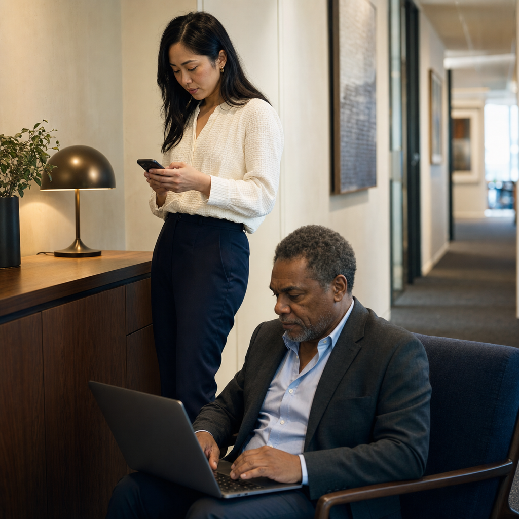 Conceptual editorial scene of two law-firm staff authorising a trust-account payment together.