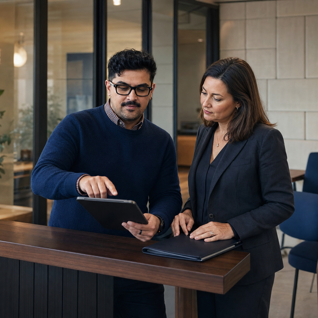 Conceptual editorial scene of a security adviser and law partner reviewing matter access.