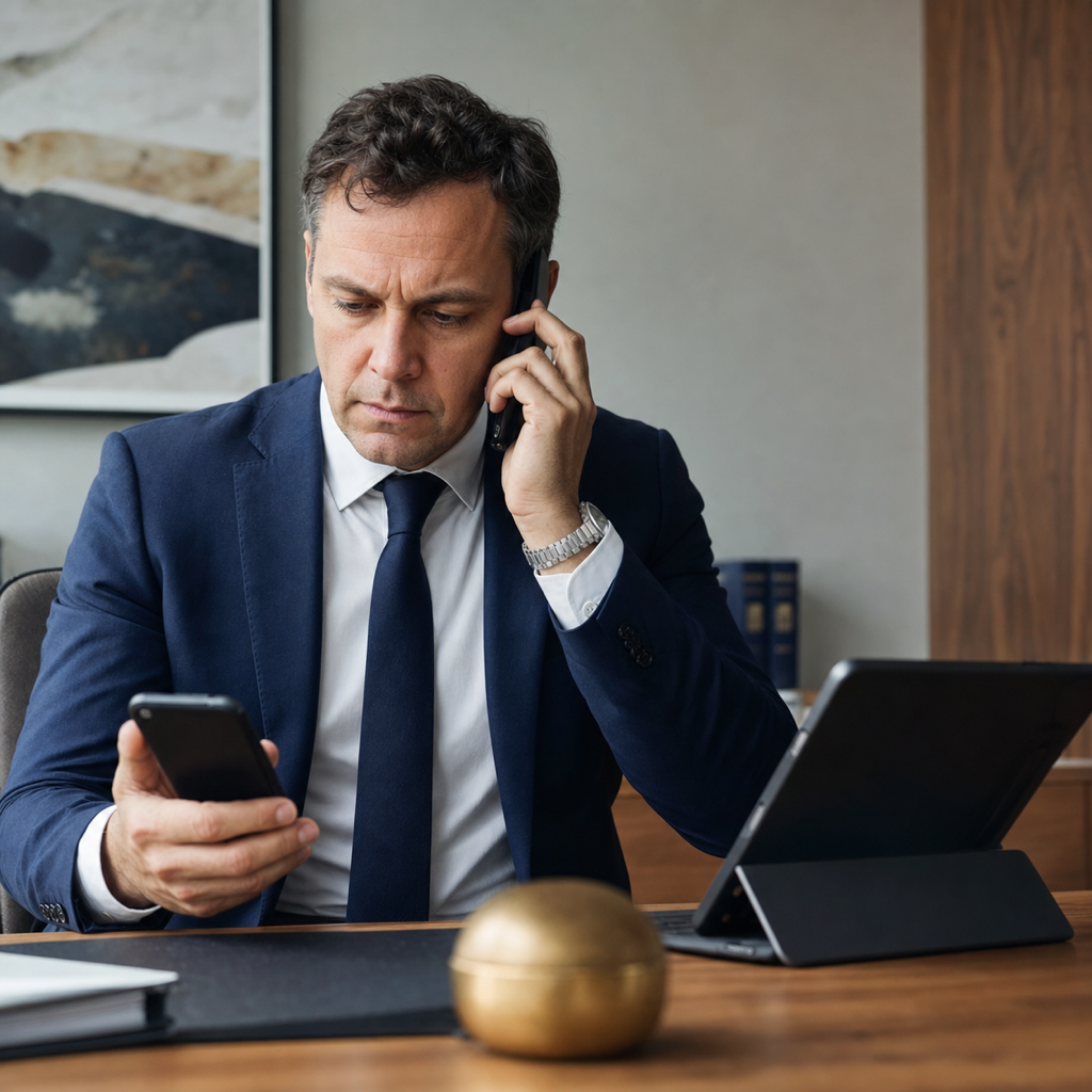 Conceptual editorial scene of a law-firm partner checking a suspicious client communication.