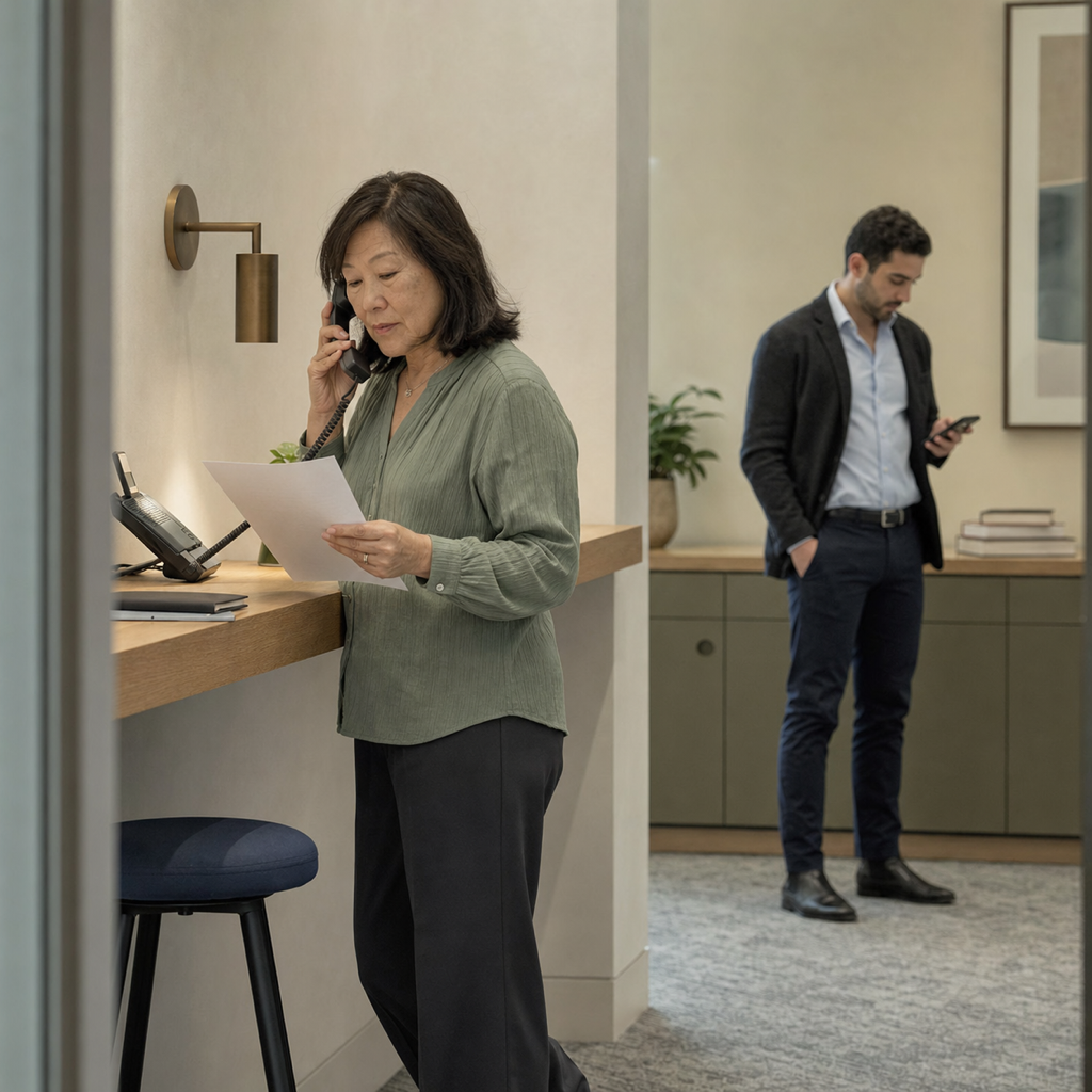 Conceptual editorial scene of law-firm staff verifying changed payment details before a transfer.