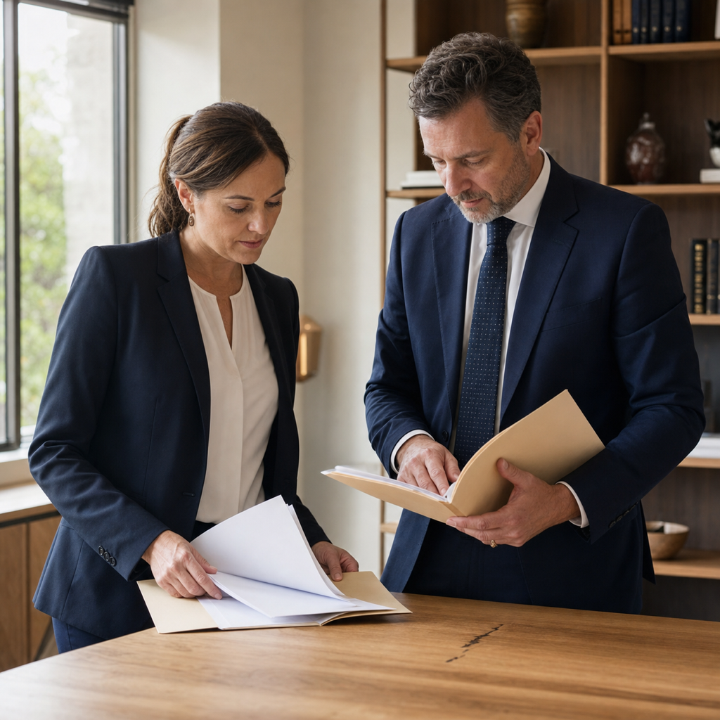Conceptual editorial scene of confidential legal matters being handled in a small law firm.