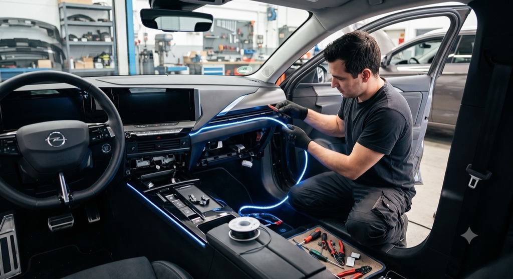 Einbau einer Ambientebeleuchtung in den Opel in der Werkstatt Deadperformance Berlin