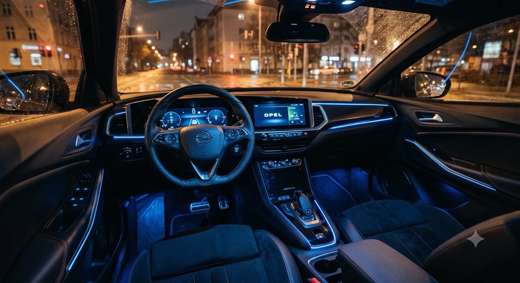 Innenraum bei Nacht mit eingeschalteter Ambientebeleuchtung im Opel