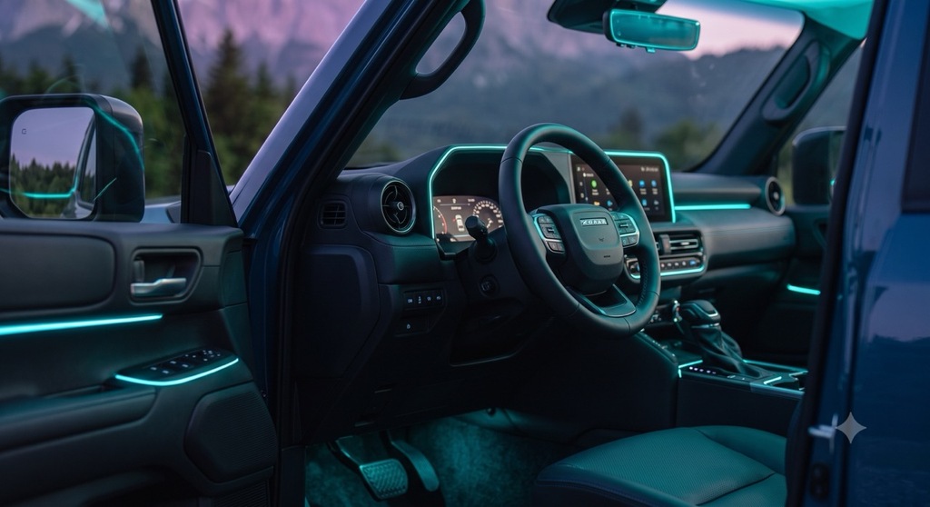 Innenraum bei Nacht mit eingeschalteter Ambientebeleuchtung beim Toyota