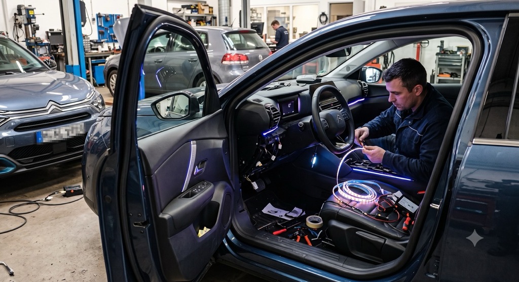 Einbau einer Ambientebeleuchtung in der Werkstatt Deadperformance Berlin in den Citroen