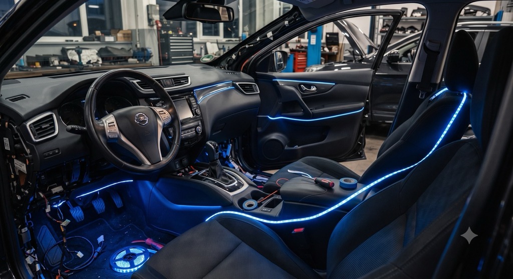 Ambientebeleuchtung im Einbau beim Nissan