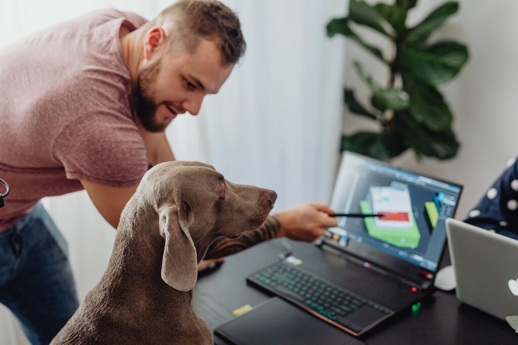 Ein kurzhaariger brünetter Mann in Bluejeans und einem roten T-Shirt zeigt seinem daneben sitzendem grau-braunem Hund etwas auf seinem Laptop, welcher auf auf einem schwarzen Tisch steht. 