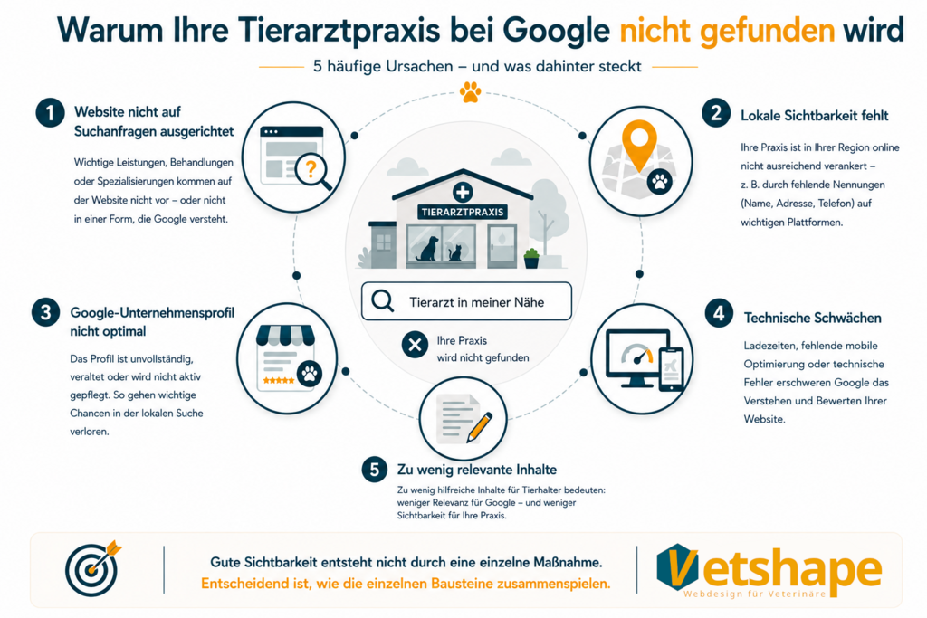 Infografik "Warum Ihre Tierarztpraxis bei Google nicht gefunden wird - 5 Häufige Ursachen - und was dahinter steckt", darunter im Kreis um eine stilisierte Tierarztpraxis mit Suchfeld darunter: "1 Website nicht auf Suchanfragen ausgerichtet" (Stilisierte Website mit Lupe), "2 Lokale Sichtbarkeit fehlt" (Stilisierte Karte), "3 Google-Unternehmensprofil nicht optimal" (Stilisiertes Online-Unternehmensprofil), "4 Technische Schwächen" (Stilisierter PC-Monitor und einem Smartphone daneben), "5 Zu wenig relevante Inhalte" (Stilisiertes Blatt Papier mit darauf geschriebenem Text und einem Stift). Mittig darunter "Gute Sichtbarkeit entsteht nicht durch eine einzelne Maßnahme. Entscheidend ist, wie die einzelnen Bausteine zusammenspielen" und das Vetshappe rechts Logo daneben.
