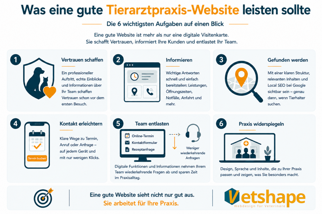 Infografik "Was eine gute Tierarztpraxis-Website leisten sollte - Die 6 wichtigsten Aufgaben auf einen Blick - Eine gute Website ist mehr als nur eine digitale Visitenkarte. Sie schafft Vertrauen, informiert Ihre Kunden und entlastet Ihr Team", darunter in 6 Kästen angeordnet: "1 Vertrauen schaffen" (Stilisierter Hund mit Katze und Herz auf einem Schutzschild), "2 Informieren" (Stilisierte Website mit einer Uhr, einem Telefonhörer und einem Geosymbol), "3 Gefunden werden" (Stilisierte Lupe mit einer Karte im Innern), "4 Kontakt erleichtern" (Stilisiertes Smartphone mit angezeigtem Kalender), "5 Team entlasten (Stilisierter PC-Monitor mit Online-Termin, Kontaktformular und Rezeptanfrage darauf), "6 Praxis widerspiegeln" (Stilisierter Laptop mit einer Tierarztpraxis darauf). Mittig darunter steht "Eine gute Website sieht nicht nur gut aus. Sie arbeitet für Ihre Praxis" mit dem Vetshape Logo rechts daneben.