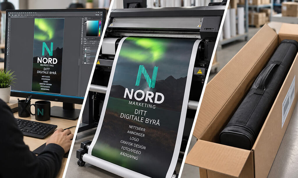 Delt bilde, viser design av roll-up, print av roll-up og rollup klar til sending