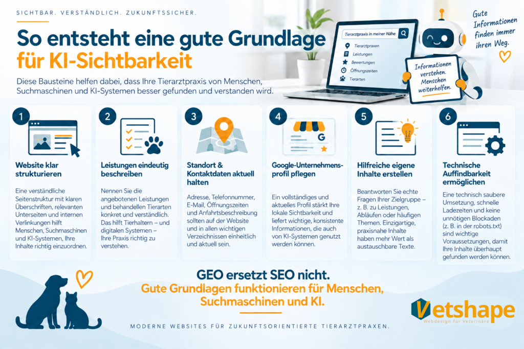 Infografik mit sechs Grundlagen für die KI-Sichtbarkeit einer Tierarztpraxis: klare Website-Struktur, eindeutige Leistungen, aktuelle Kontaktdaten, gepflegtes Google-Unternehmensprofil, hilfreiche Inhalte und technische Auffindbarkeit.