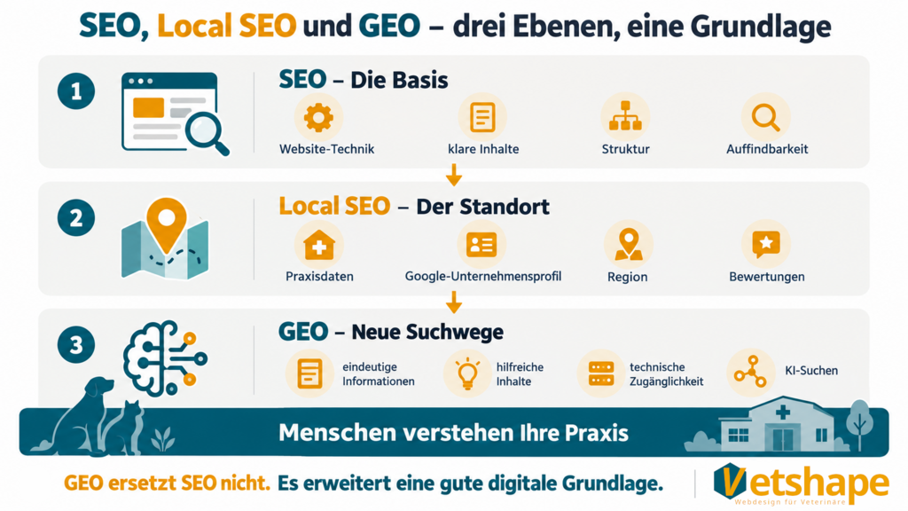 Infografik zum Zusammenspiel von SEO, Local SEO und GEO für Tierarztpraxen: SEO bildet die Basis, Local SEO ergänzt den Standort und GEO erweitert die Sichtbarkeit um KI-Suchen.