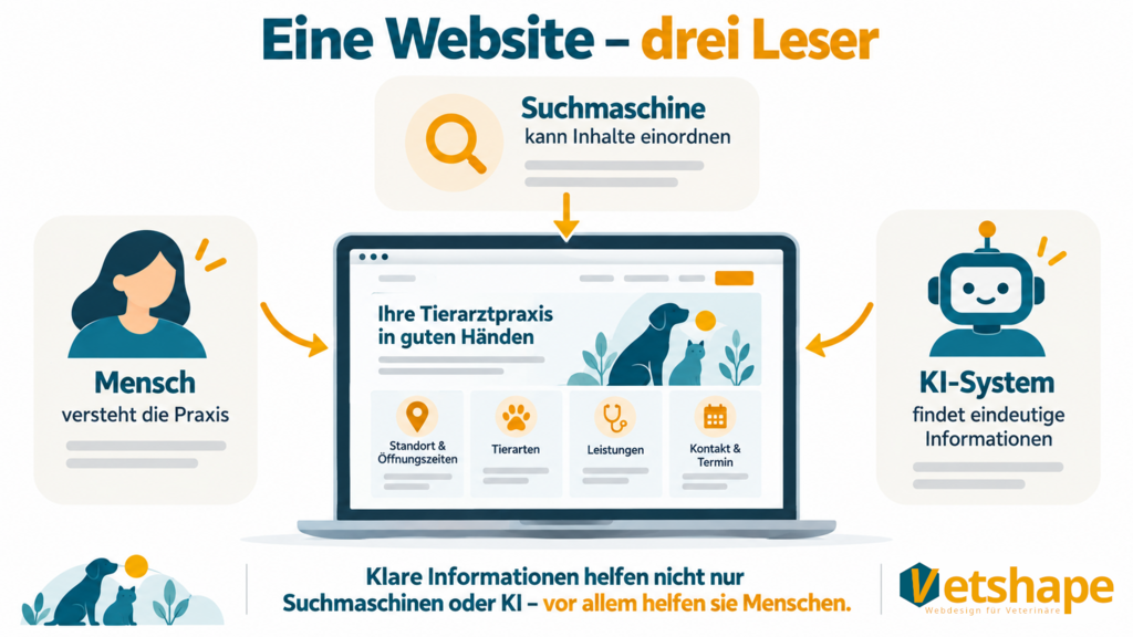 Grafik einer übersichtlichen Tierarztpraxis-Website, deren klare Informationen von Menschen, Suchmaschinen und KI-Systemen verstanden werden können.