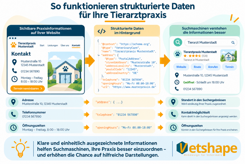 Infografik zum Prinzip strukturierter Daten: sichtbare Praxisinformationen wie Adresse, Telefonnummer und Öffnungszeiten werden technisch eindeutig zugeordnet.