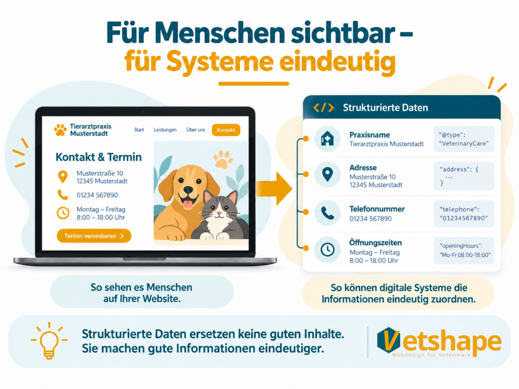 Grafik mit Praxisname, Adresse, Telefonnummer und Öffnungszeiten als sichtbare und maschinenlesbar zugeordnete Informationen.