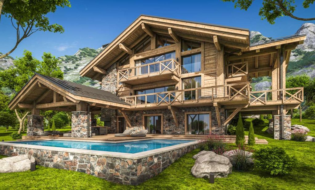 Devant un chalet de montagne avec une piscine