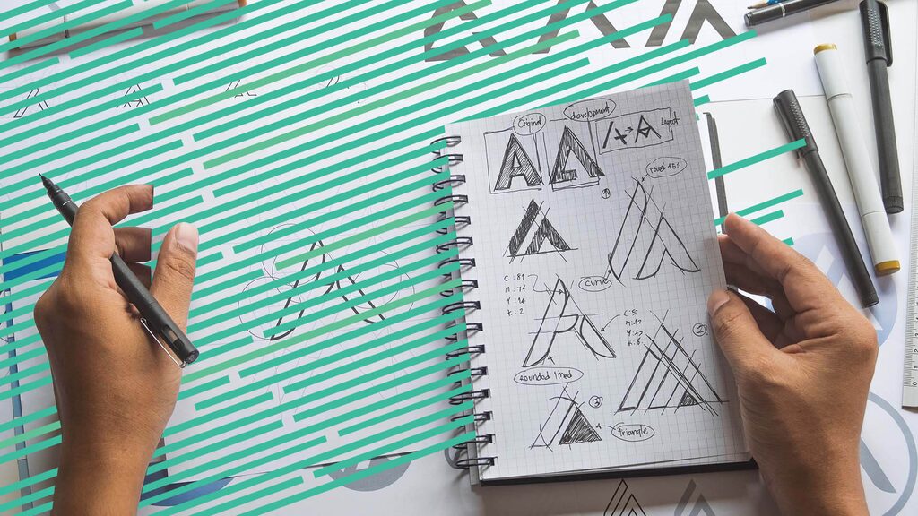Illustrasjonsbilde av en person som tegner flere varianter av en logo