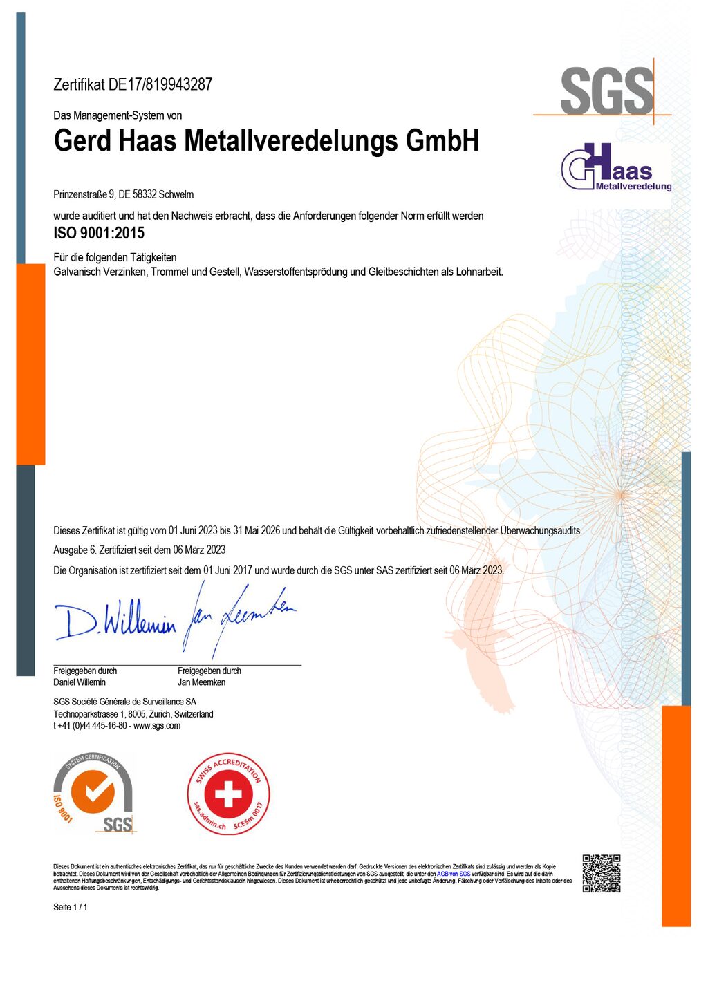 Gerd Haas Metallveredelungs GmbH  - Zertifikat ISO 9001:2015