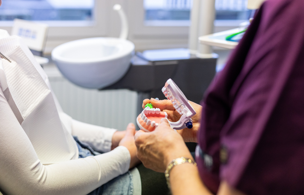 Frau die ein Modell des Gebisses in der Hand hält