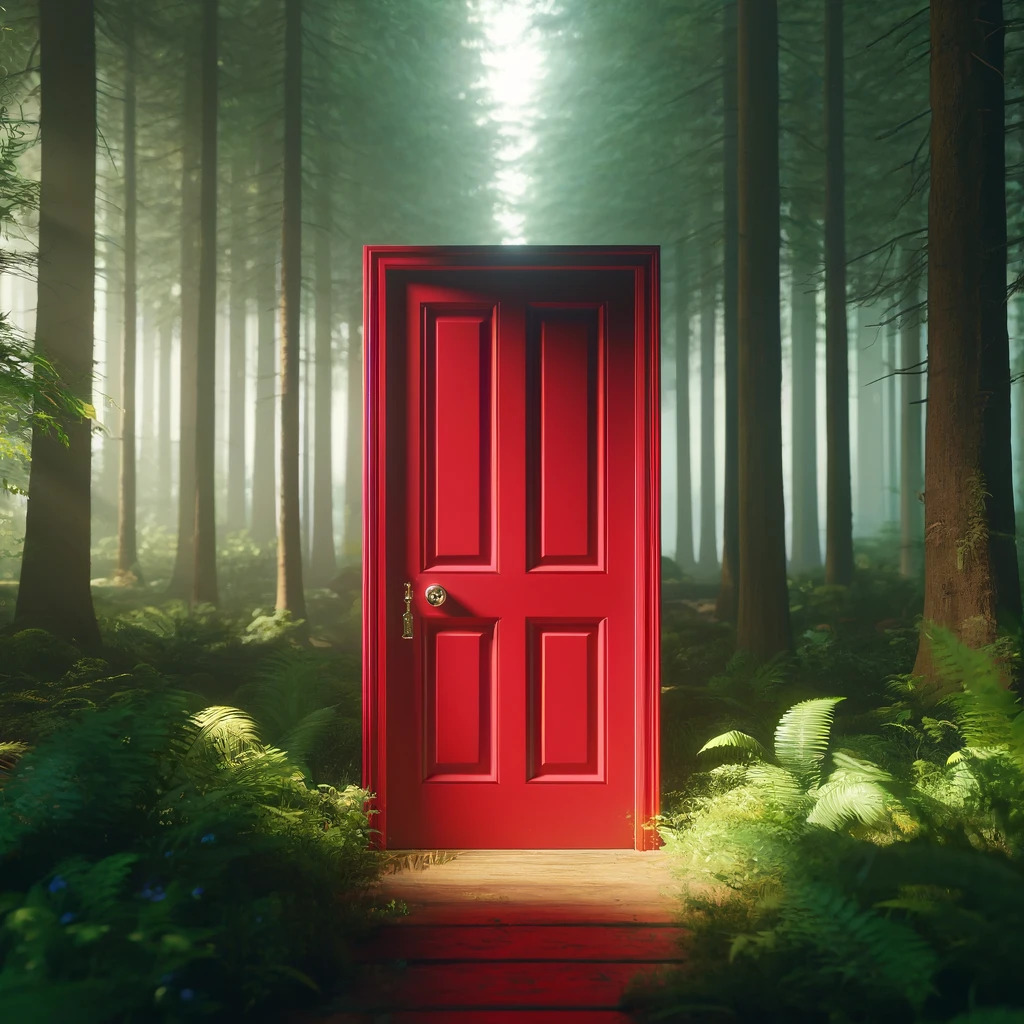 A photorealistic image of a bright red door standing alone in a dense forest. The door is traditional in style, with a shiny brass doorknob and a small keyhole. Around the door, the forest is lush with various shades of green, featuring tall trees, thick underbrush, and scattered sunlight filtering through the leaves, creating a mystical and slightly mysterious atmosphere.