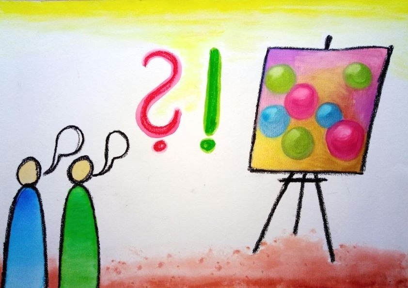 zwei Menschen stehen nebeneinander und betrachten tiefsinnig ein Bild.