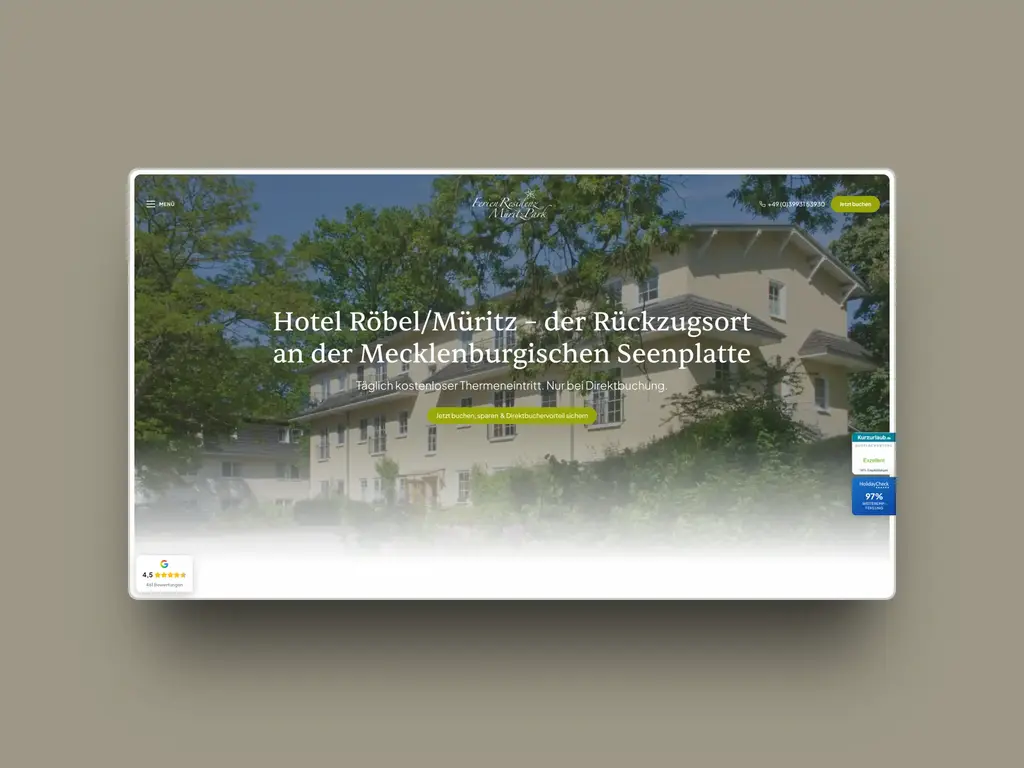 Website der FerienResidenz MüritzPark auf einem Laptop