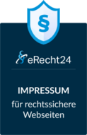 Weißes eRecht24 Logo auf dunkelblauem Hintergrund mit dem Schriftzug "Impressum für rechtssichere Webseiten" darunter, über allem befindet sich ein großer Schutzschild mit einem Paragraphen Symbol darin.