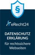 Weißes eRecht24 Logo auf dunkelblauem Hintergrund mit dem Schriftzug "Datenschutz Erklärung für rechtssichere Webseiten" darunter, über allem befindet sich ein großer Schutzschild mit einem Paragraphen Symbol darin.