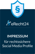Weißes eRecht24 Logo auf dunkelblauem Hintergrund mit dem Schriftzug "Impressum für rechtssichere Social Media Profile" darunter, über allem befindet sich ein großer Schutzschild mit einem Paragraphen Symbol darin.