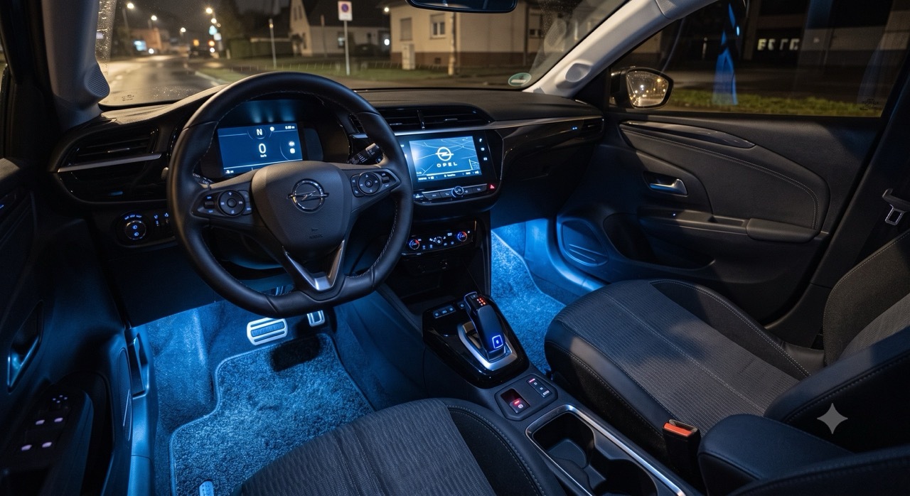Opel Corsa mit Ambientebeleuchtung im Fußraum