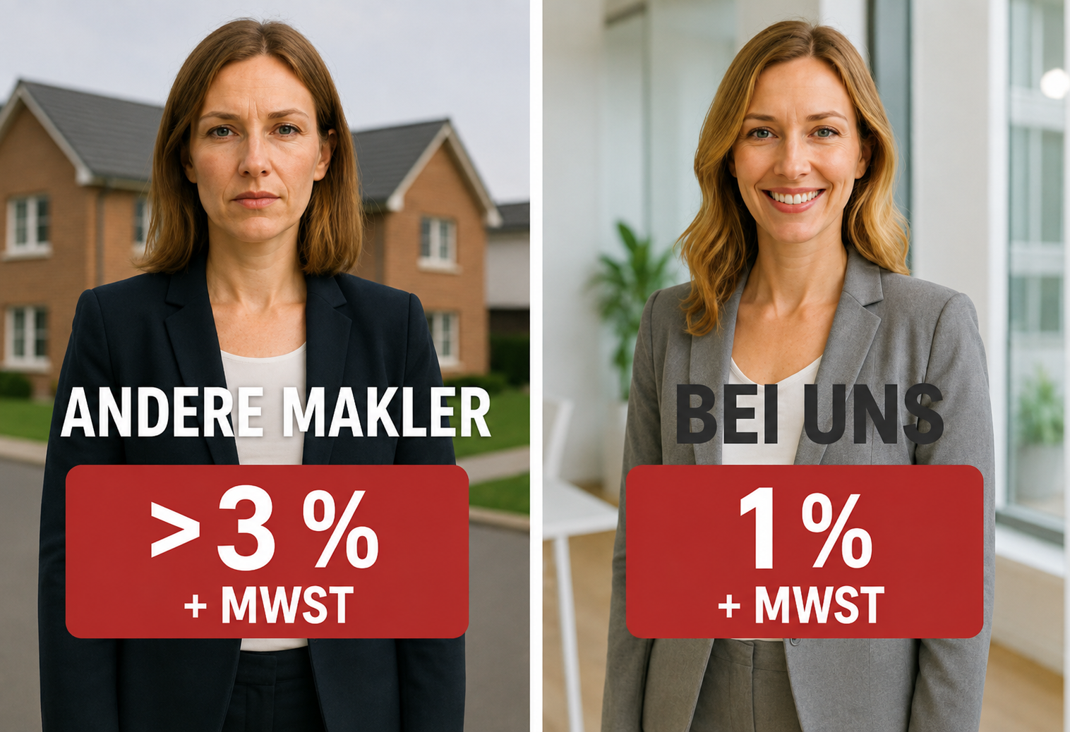 Provisionsvergleich: andere Makler über 3 % zzgl. MwSt., Fairpreis-Makler 1 % zzgl. MwSt.