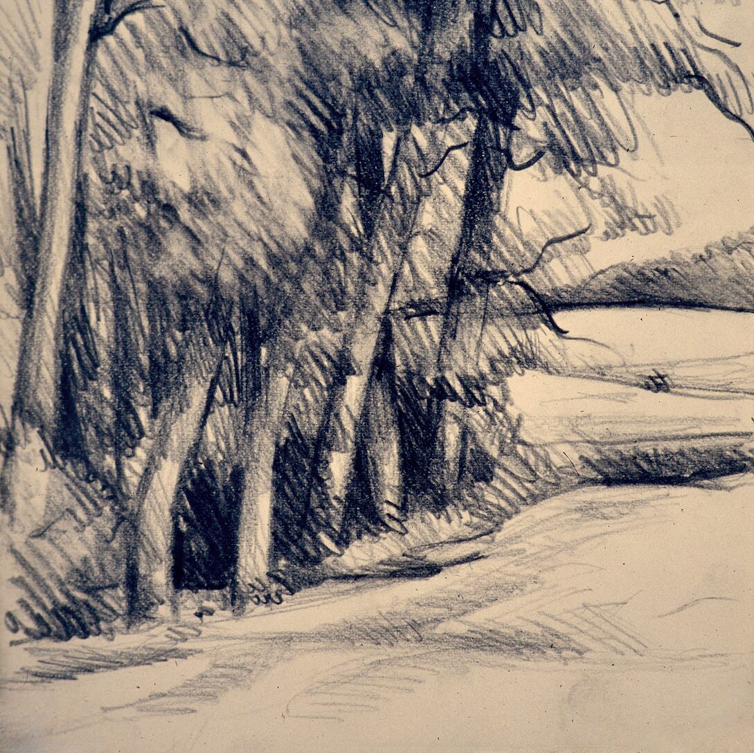 paysage avec peupliers - luxembourg 1986, 32 x 24 cm, crayon graphite sur papier 