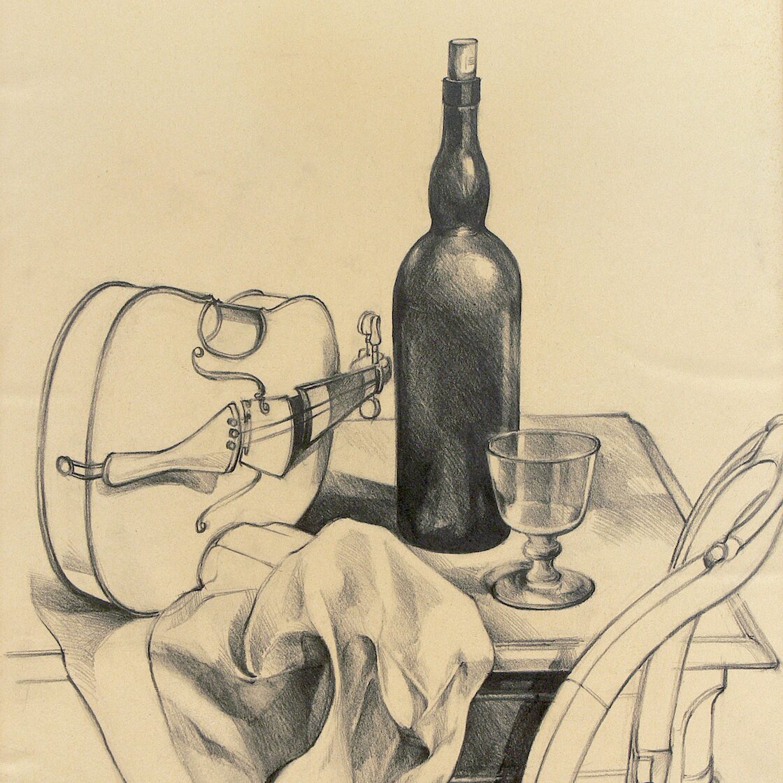 nature morte avec violon, bouteille et verre 1994, crayon graphite sur papier