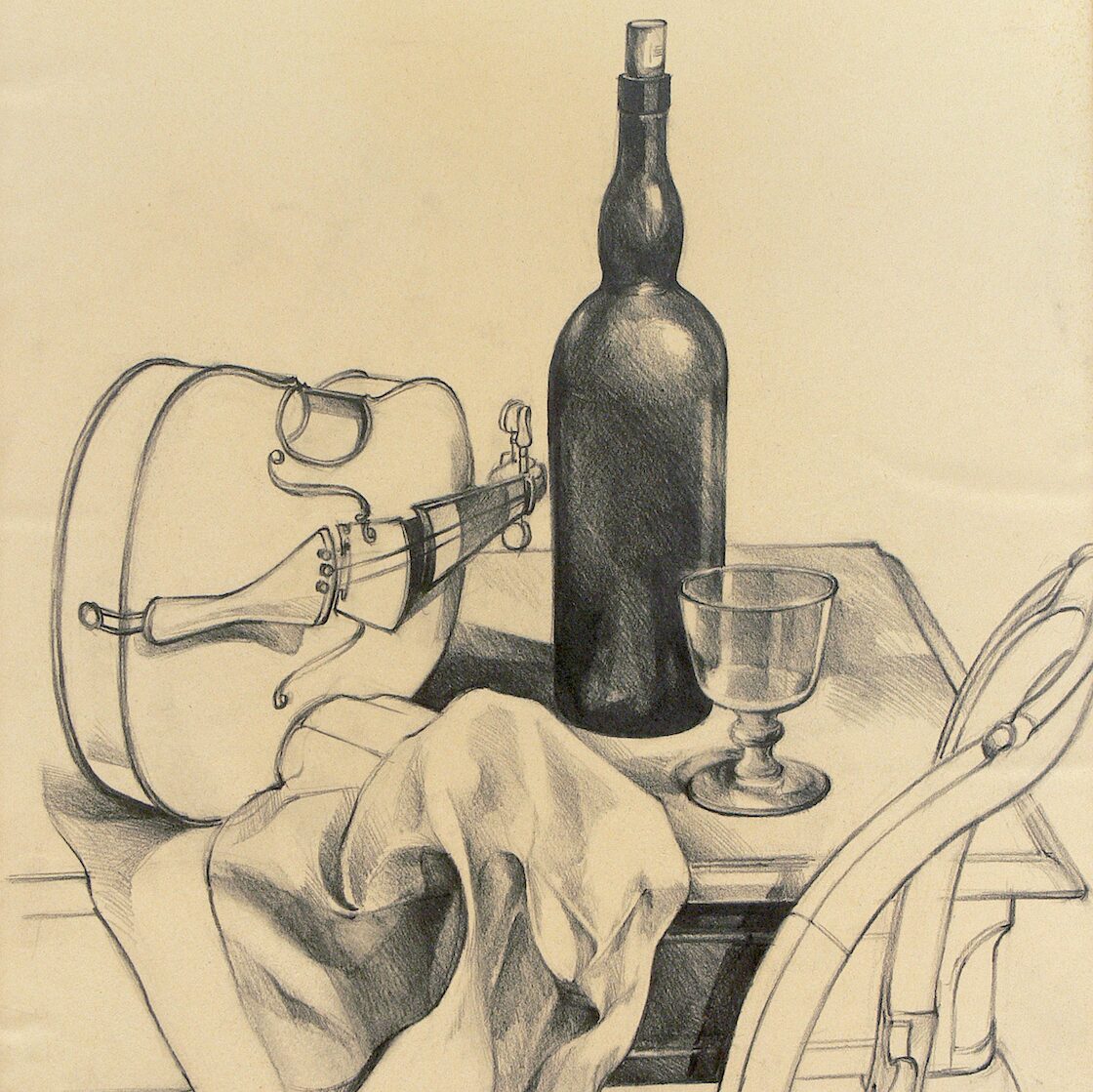 stilleben mit violine, flasche und glas 1994, 65 x 47,5 cm, graphit auf papier