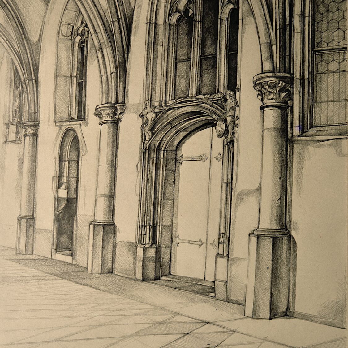 cloître de la cathédrale, trêves - rhénanie-palatinat 1998, 70 x 52 cm, crayon graphite sur papier