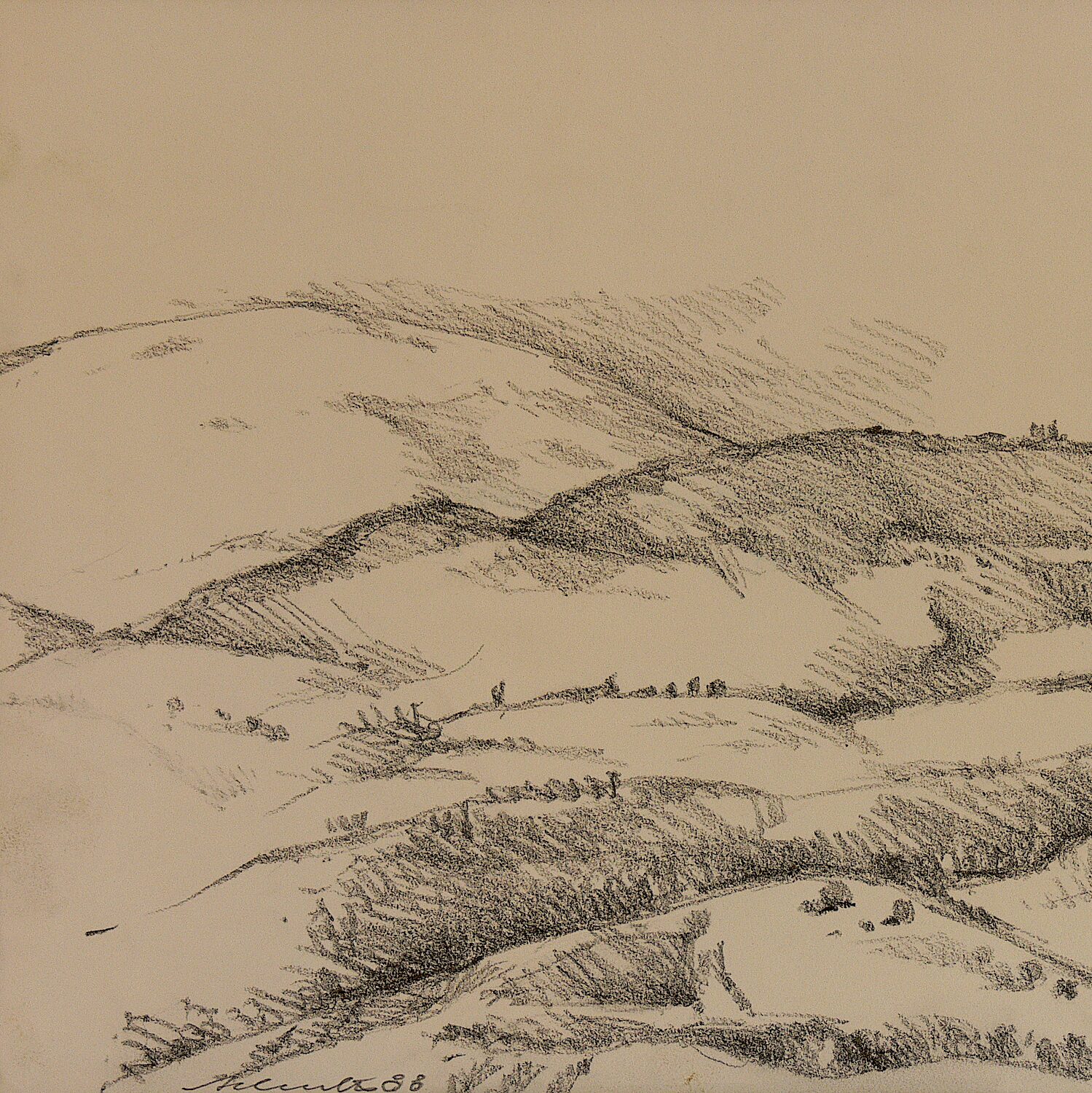 paysage près de preggio - ombrie 1988, 24 x 32 cm, crayon graphite sur papier 