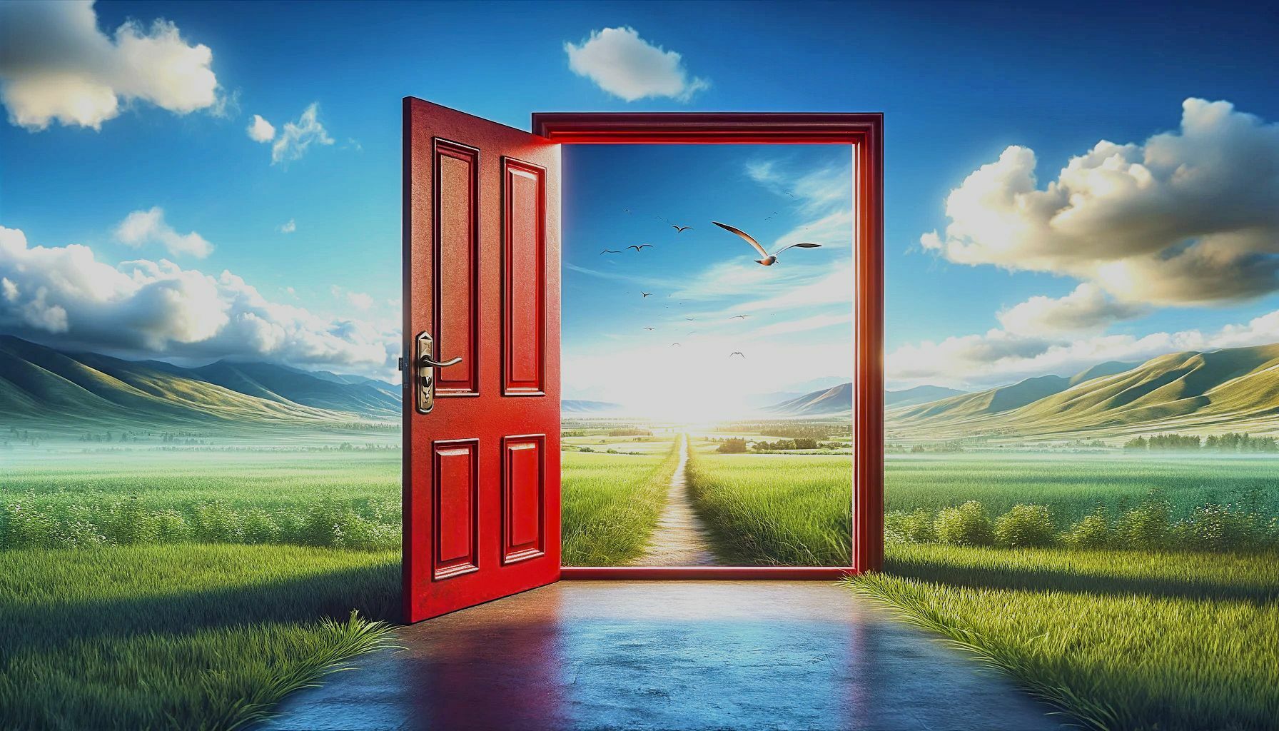 A photorealistic image featuring the concept of a red door symbolizing an entrance to freedom. The door is set in an inviting, open landscape with wide blue skies and rolling green fields visible through the open door.