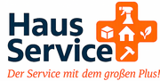 Logo von ‚Haus Service‘ mit dem Slogan ‚Der Service mit dem großen Plus!‘. Rechts ein oranges Kreuz mit Symbolen für Reinigung, Paket, Haus, Pflanze und Hammer.