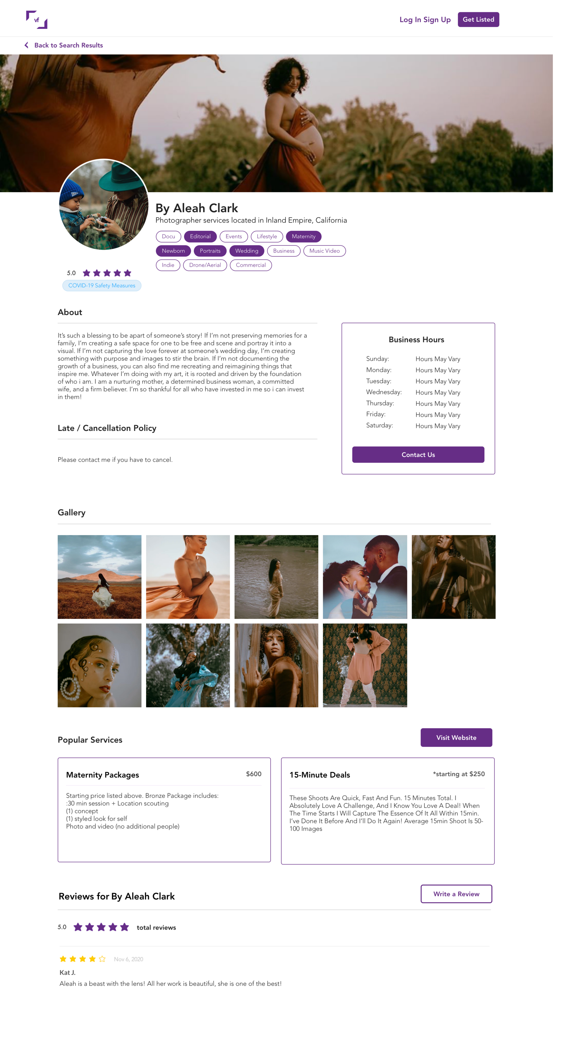 Viewfindr Business Profile Page