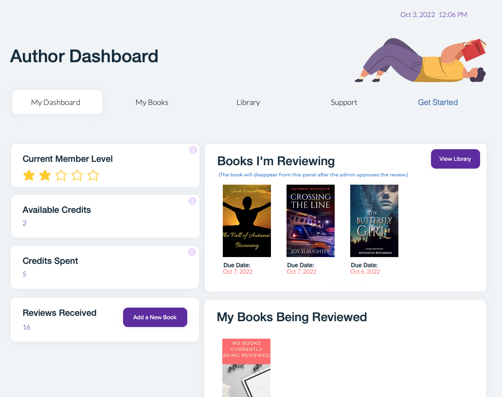 Custom coded members area dashboard page to self manage books added, points earned, credits receive and book reviews that are pending and completed