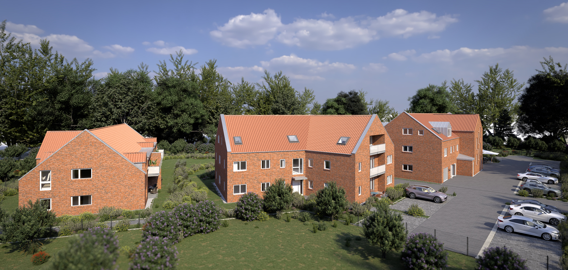 Visualisierung einer Wohnanlage mit mehreren Gebäuden