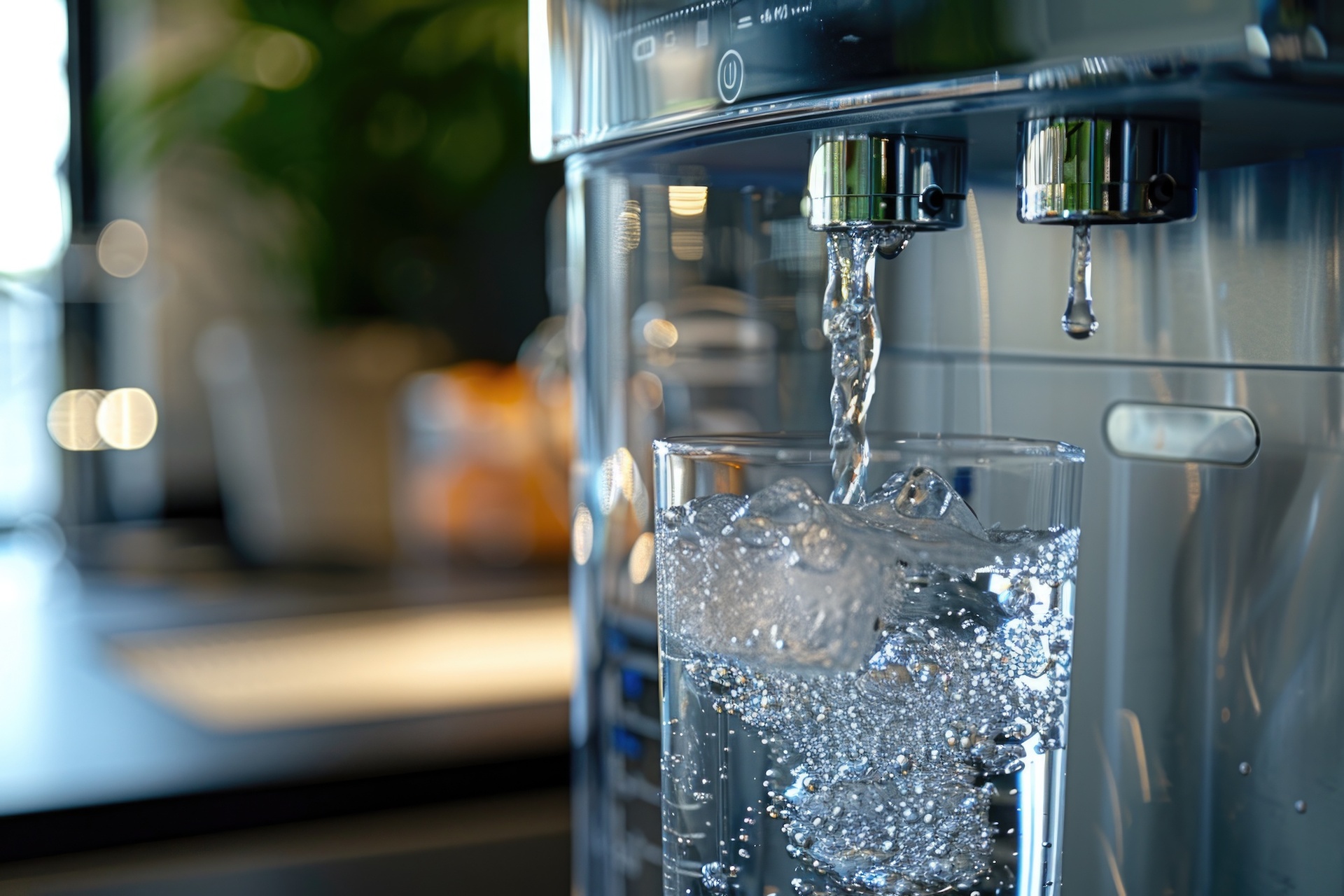 Ein Glas wird am Wasserspender mit Quellwasser gefüllt