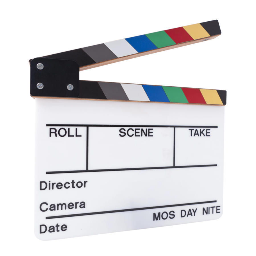 Color-striped film clapperboard on white background, labeled Roll, Scene, Take, Director, Camera, Date, and MOS Day/Nite.