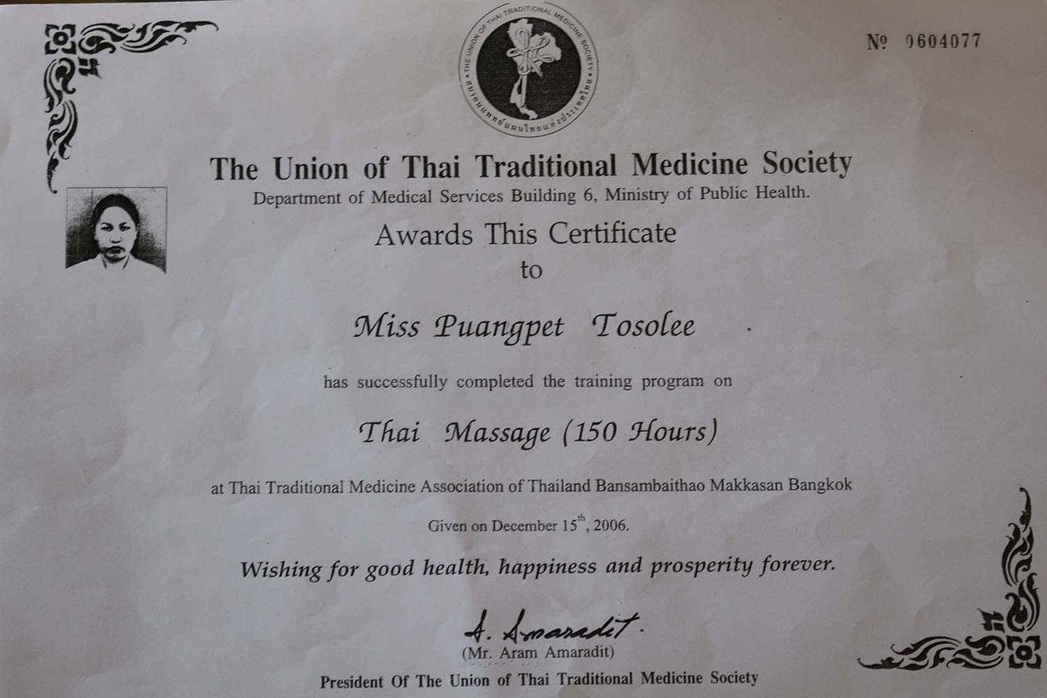 Zertifikat für Puangpet, The Union of Thai Traditional Medicine Society