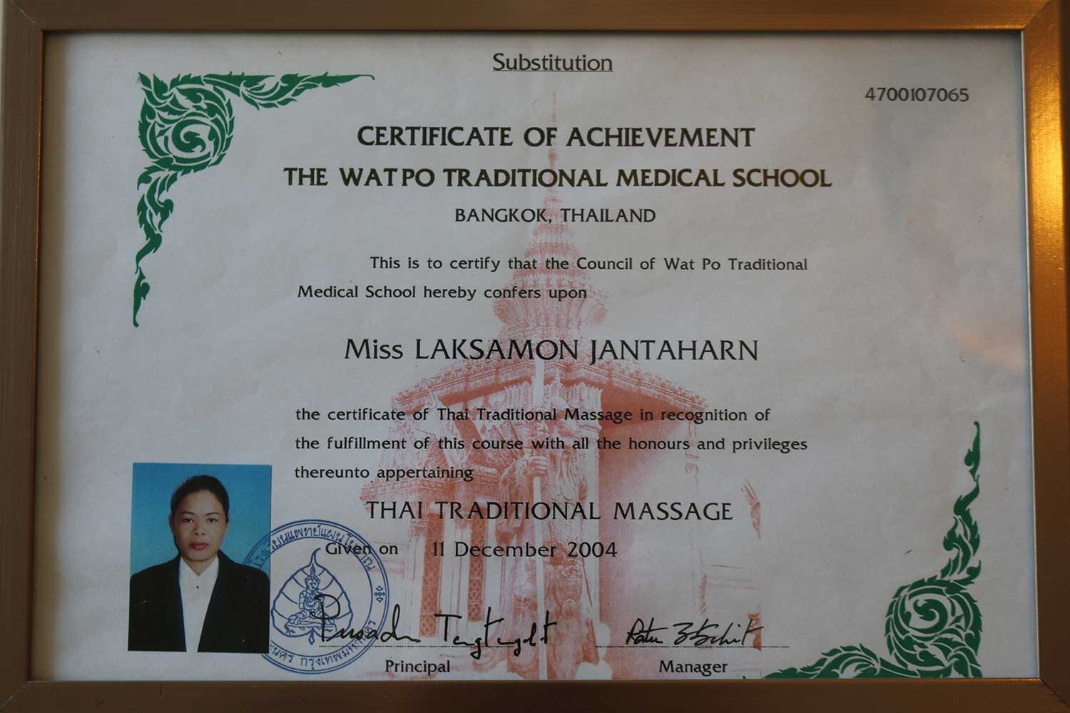Zertifikat für Laksamon, WatPo Traditional Medical School
