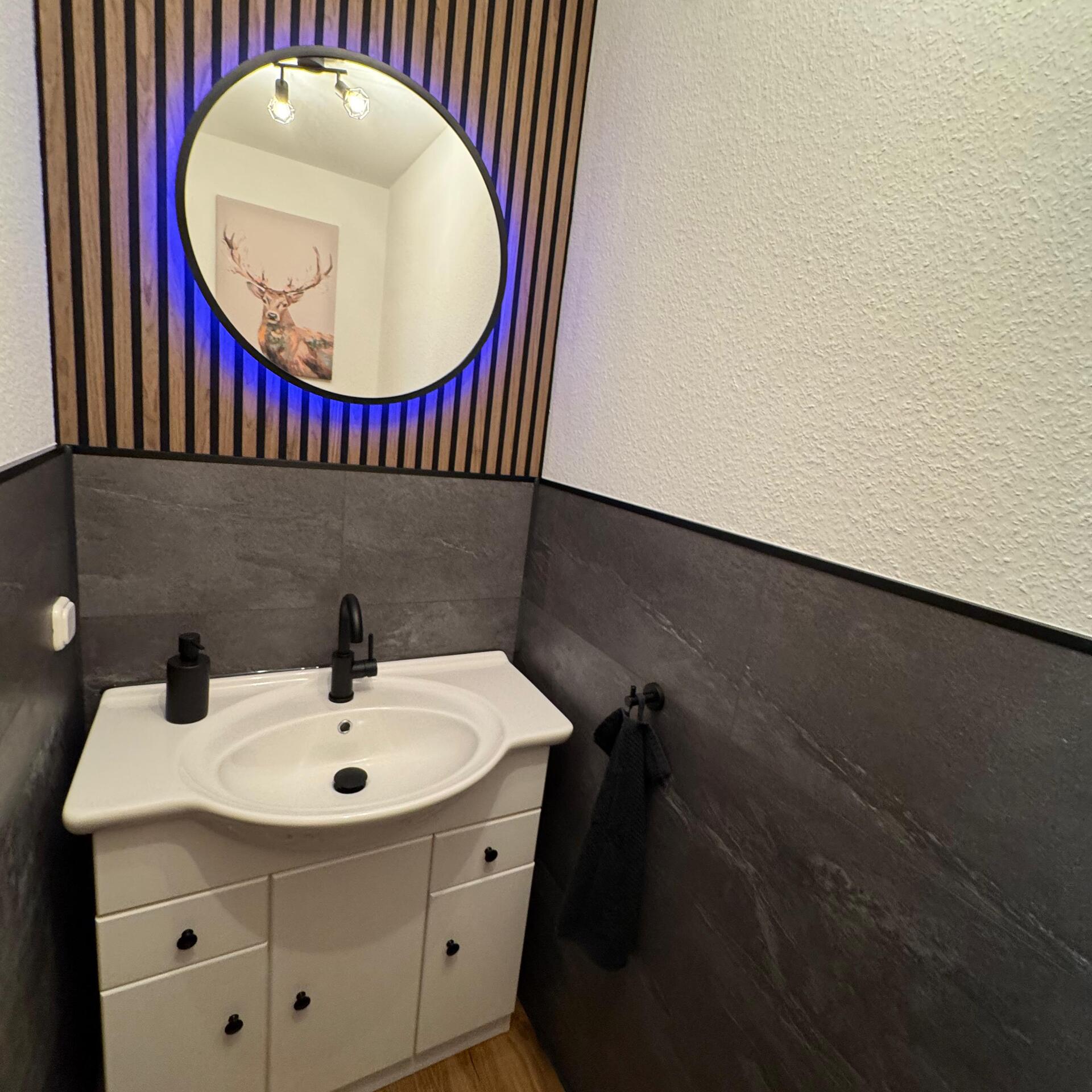 Freistehendes, hohes Waschbecken mit klarer Linienführung und integriertem Unterschrank